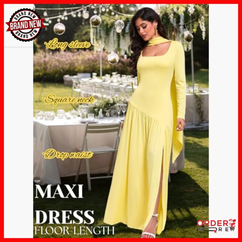 Maxi Dress with Scarf, Drop Waist High Slit Square Neck Long Sleeve Formal - Picture 4 of 7